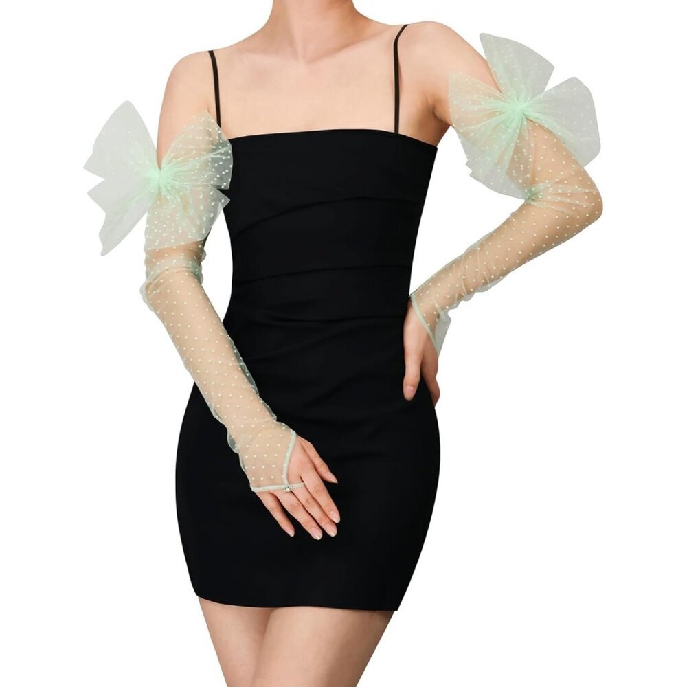 Women's Fingerless Green Long Bow Polka Dot Lace Gloves Sheer Party Accessories